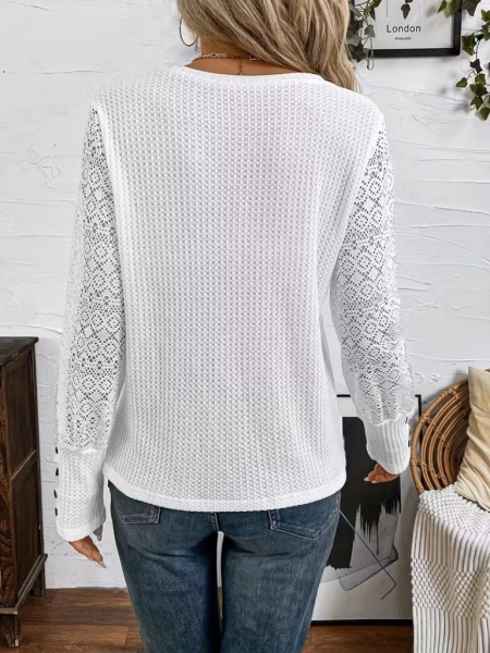 Kadın Uzun Kollu Bisiklet Yaka Kolları Tüllü Waffle Bluz