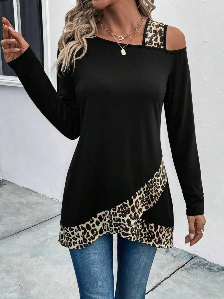 Kadın Tek O Uzdan Açık Askılı Uzun Kollu Leopar Detaylı Viskon Bluz