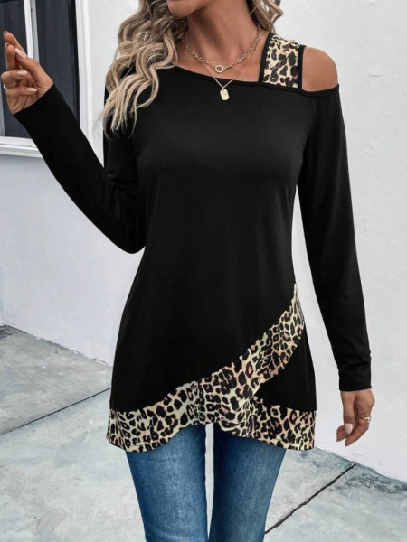 Kadın Tek O Uzdan Açık Askılı Uzun Kollu Leopar Detaylı Viskon Bluz