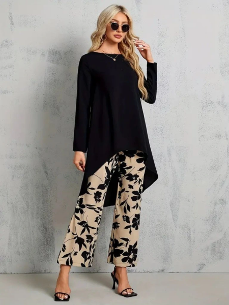 Kadın Uzun Kollu Bisiklet Yaka Asimetrik Kesim Detaylı Viskon Bluz Ve çiçek Desenli Iki Iplik Pantolon