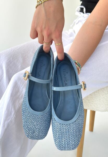 Rives Mavi Cilt Hasır Dokumalı Babet Ayakkabı