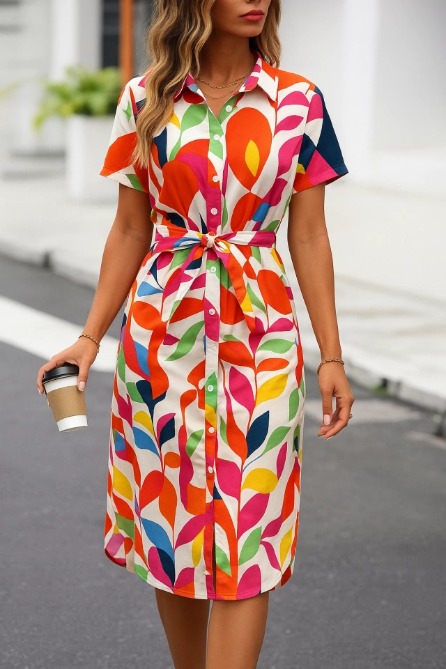 Kadın Kısa Kollu Yakalı önü Düğmeli önden Drapeli Desenli Süprem Elbise