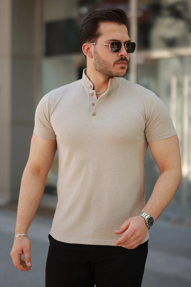 Erkek Hakim Yaka Dokuma Pamuklu Kumaş Kısa Kollu Tişört