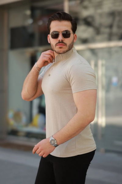 Erkek Hakim Yaka Dokuma Pamuklu Kumaş Kısa Kollu T-shirt