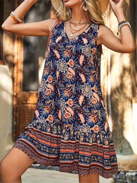 Kadın Askılı V Yakalı Fırfırlı Desenli Süprem Kısa Elbise