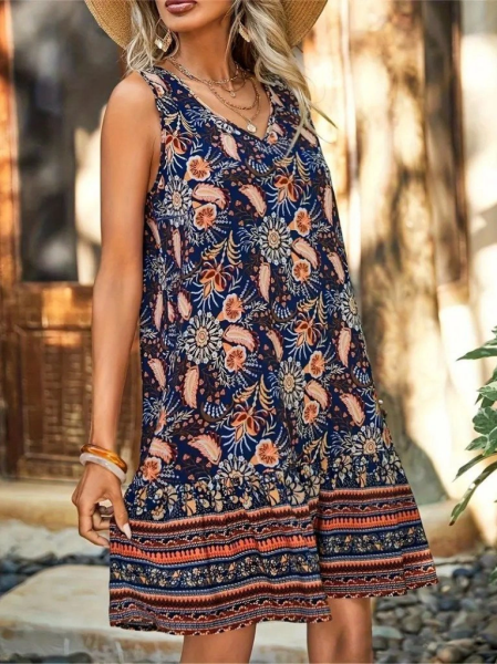 Kadın Askılı V Yakalı Fırfırlı Desenli Süprem Kısa Elbise