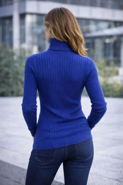 Balıkcı Yaka Bağazlı Triko Kazak Pamuklu Kalın Fitilli Dokuma - İndigo