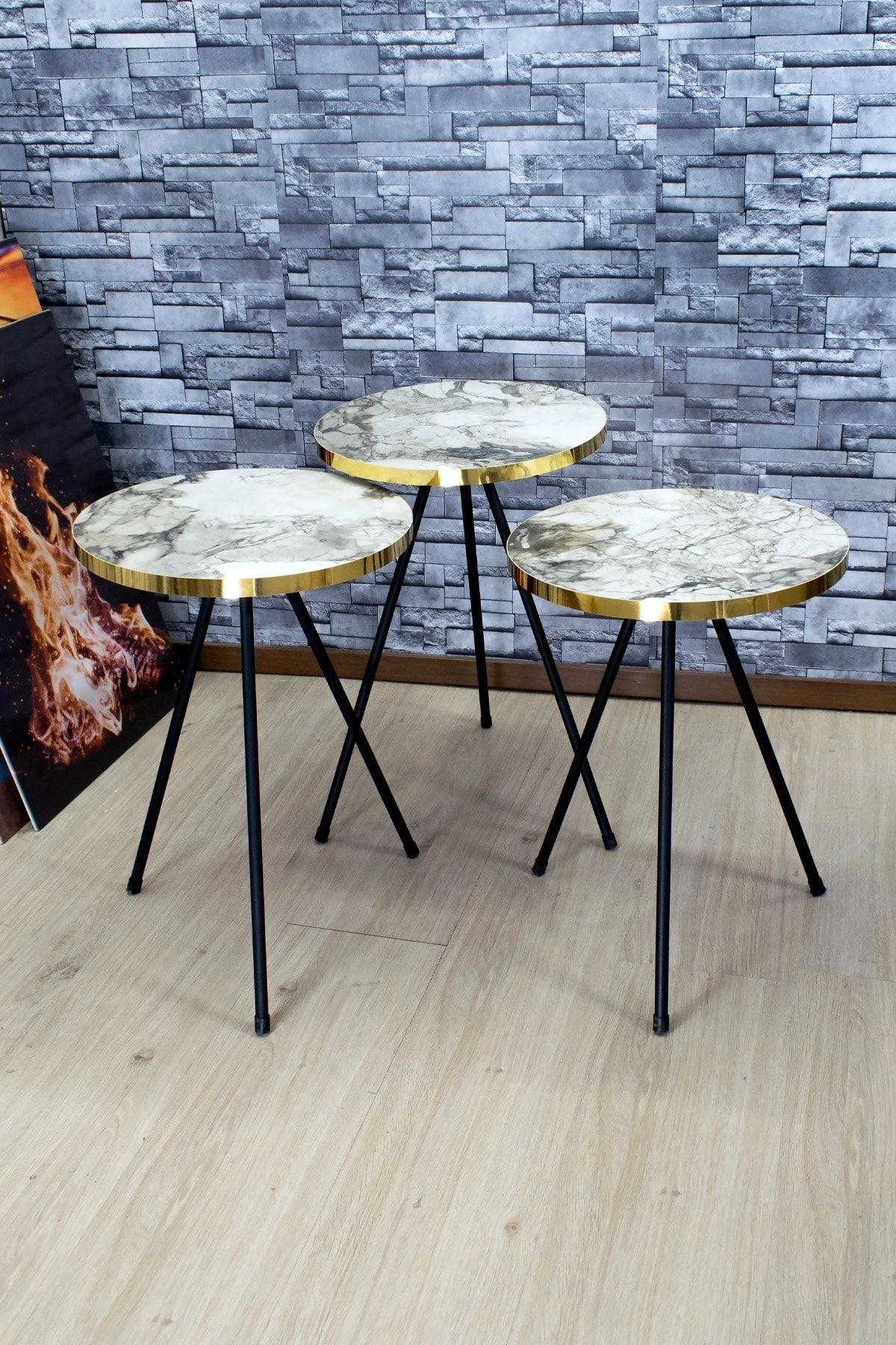 Zigon Sehpa 3'lü Siyah Metal Ayak Altın Efes 1067