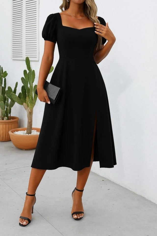 Kadın Kısa Kollu Kare Yakalı Yırtmaçlı Midi Janjan Krep Elbise