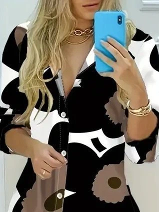 Kadın Yakalı önden Düğmeli çiçek Desenli Uzun Süprem Elbise