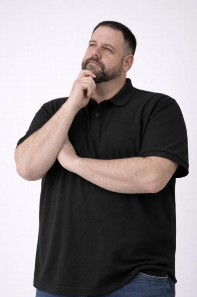 Erkek Pike Kumaş Düğmeli Yaka Battal Büyük Beden Günlük Kısa Kol Tişört T-shirt - Siyah