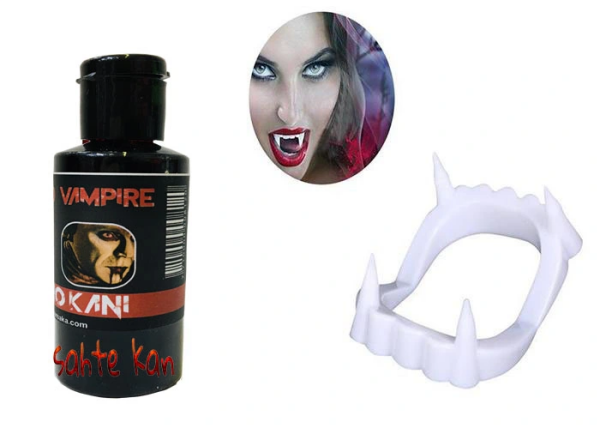 Beyaz Renk Çift Damak Takma Vampir Dişi ve 50 gr Tiyatro Kanı Set