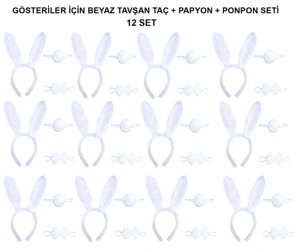 Beyaz Tavşan Kostüm Seti – Taç, Papyon, Kuyruk (12’li Paket)