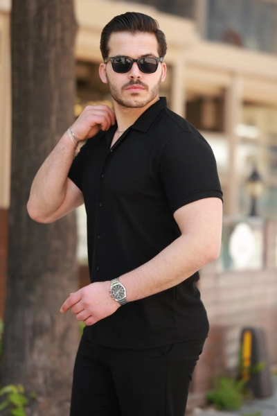 Erkek Ottoman Kumaş Apaj Yaka Kısa Kollu Gömlek