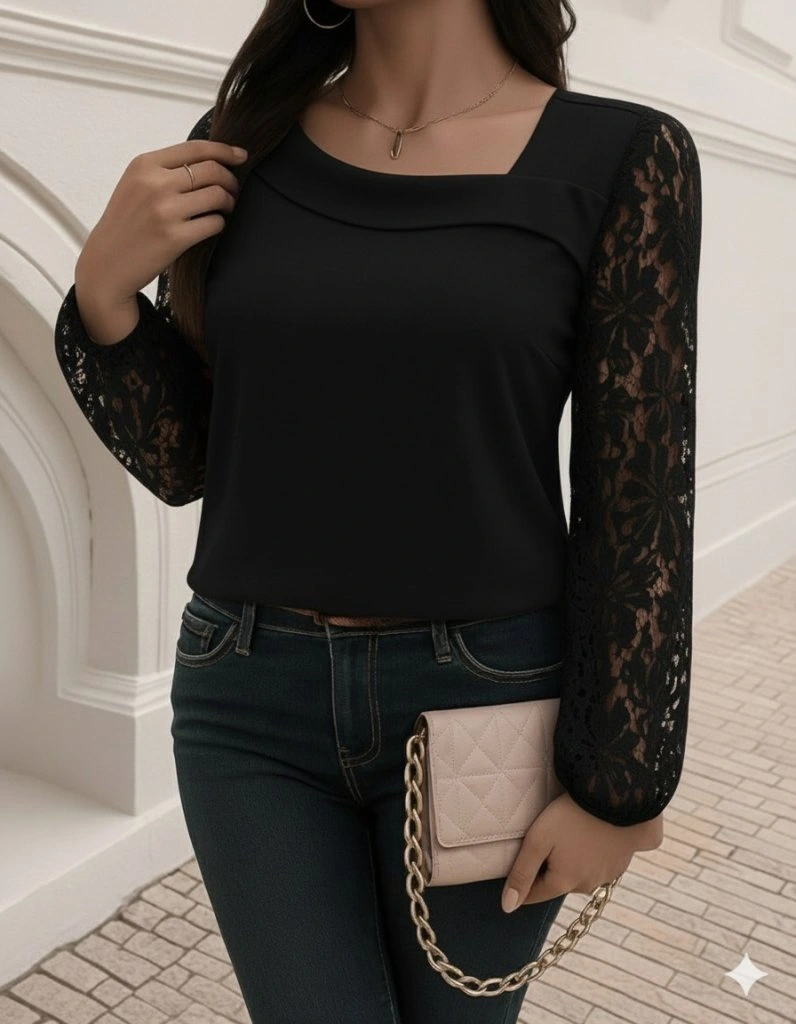 Kadın Uzun Kollu Asimetrik Yakalı Dantelli Ithal Krep Bluz