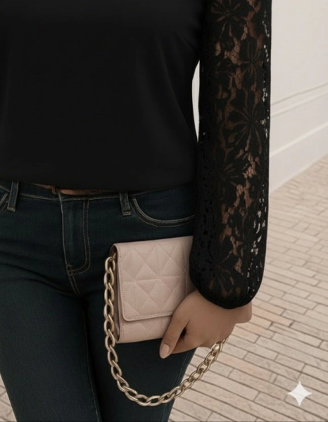 Kadın Uzun Kollu Asimetrik Yakalı Dantelli Ithal Krep Bluz