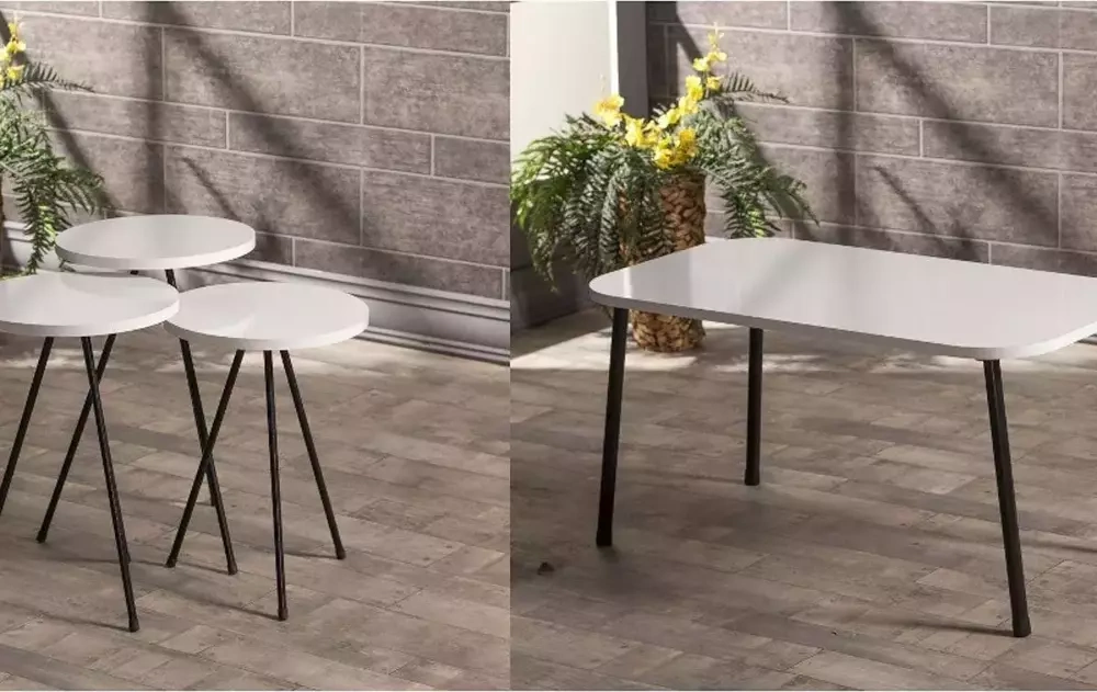 Zigon Sehpa Ve Orta Sehpa Set Kr Metal Beyaz