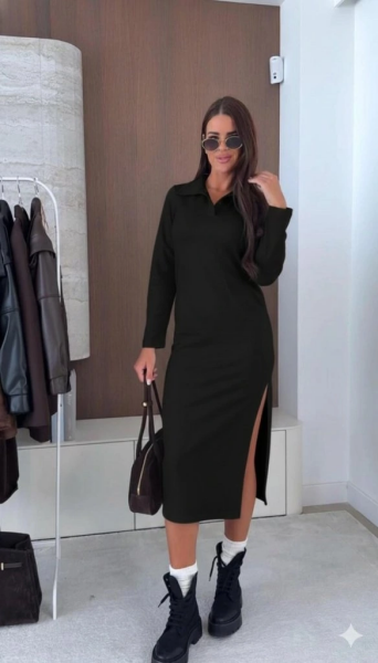 Kadın Uzun Kollu Yakalı Yandan Yırtmaçlı Midi Modal Elbise