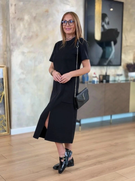 Kadın Kısa Kollu Bisiklet Yakalı Cepli önden Yırtmaçlı Viskon Iki Iplik Midi Elbise