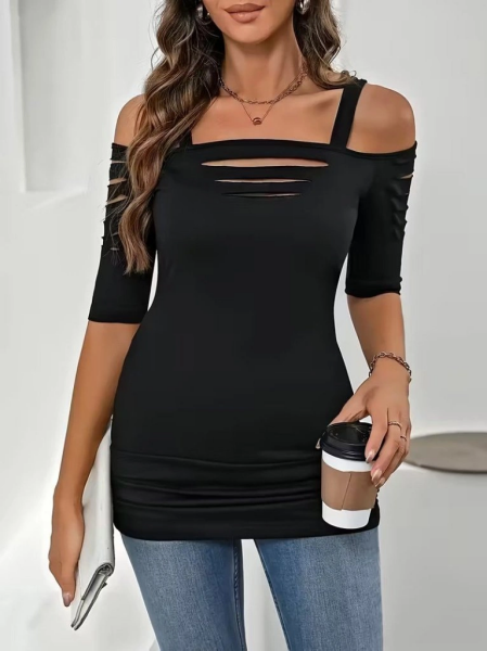 Kadın Omuzlardan Açık Askılı Lazer Kesim Detaylı Viskon Bluz