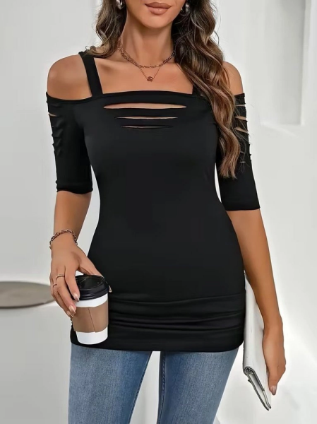 Kadın Omuzlardan Açık Askılı Lazer Kesim Detaylı Viskon Bluz