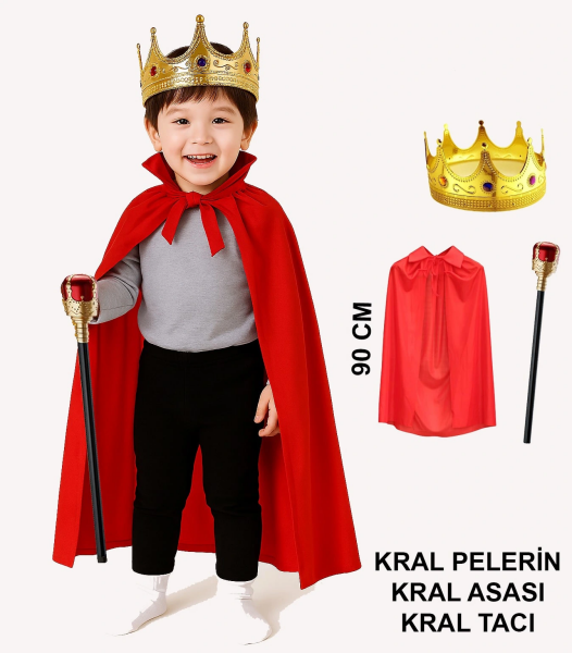 Çocuk Kral Kostüm Seti – Kırmızı Pelerin, Taç ve Asa (90 cm)
