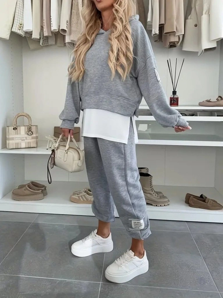 Kadın Uzun Kollu Kapşonlu Viskon Iki Iplik Bluz Ve Pantolon Ikili Takım