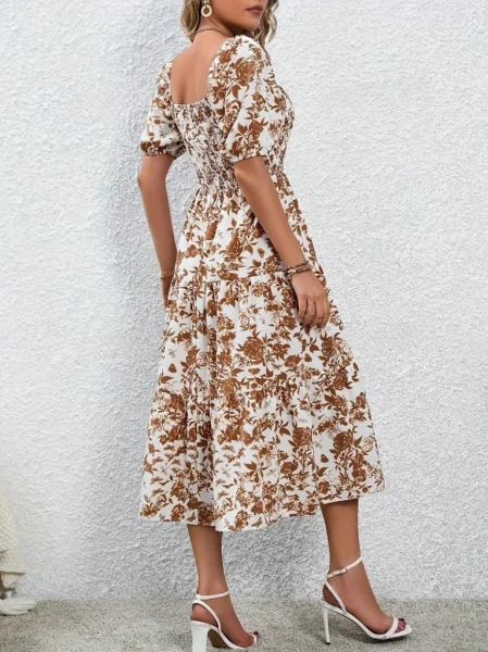 Kadın Kısa Kollu Kare Yakalı Lastikli Desenli Süprem Elbise