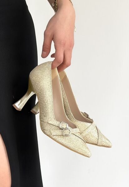 Wenda Gold Simli Cilt Topuklu Ayakkabı