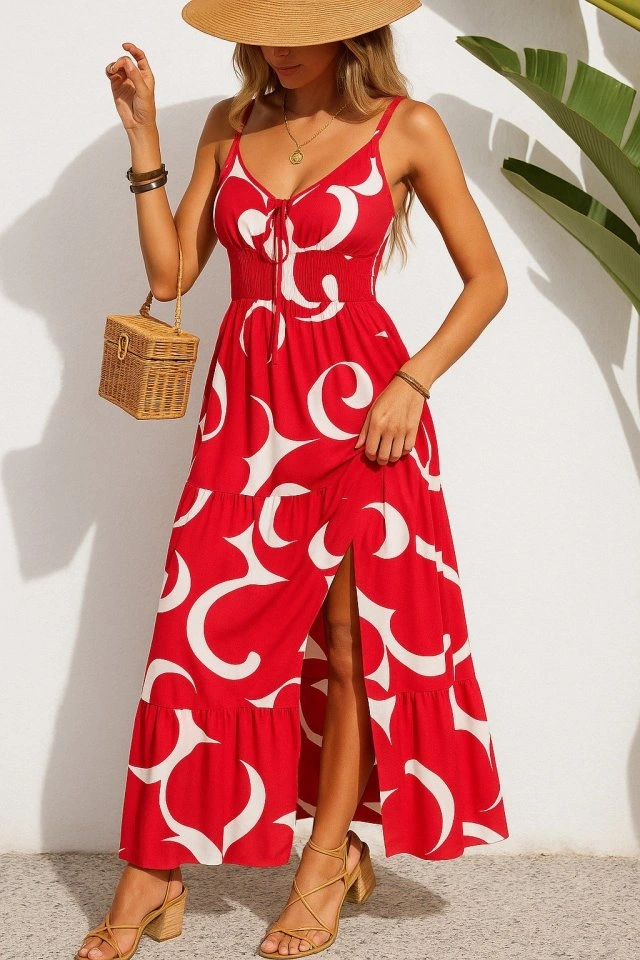 Kadın Ip Askılı Dekolteli Bağcıklı Yırtmaçlı Desenli Süprem Elbise