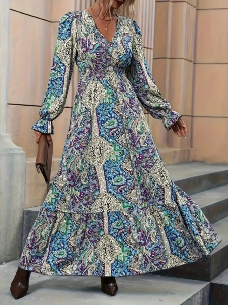 Kadın Uzun Kollu Kruvaze Yakalı Desenli Süprem Maxi Elbise