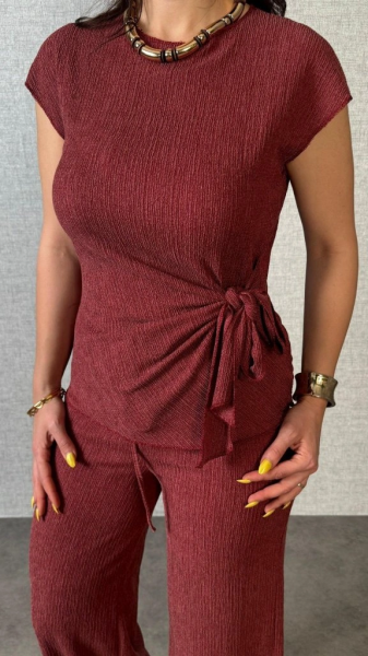 Kadın Kısa Kollu Bisiklet Yaka Yandan Bağlamalı Bürümcük Bluz Ve Pantolon Ikili Takım