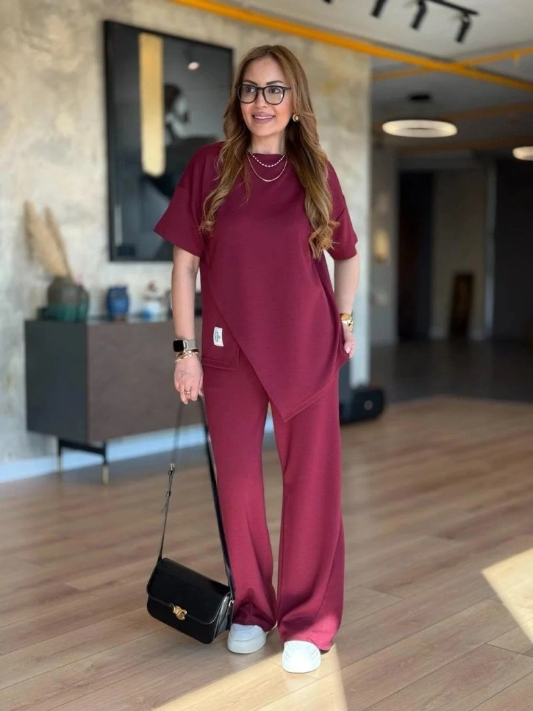 Kadın Kısa Kollu Bisiklet Yaka Asimetrik Viskon Iki Iplik Bluz Ve Pantolon Ikili Takım