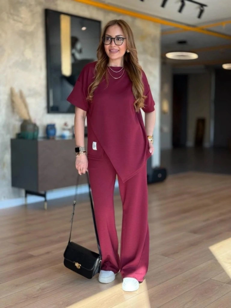 Kadın Kısa Kollu Bisiklet Yaka Asimetrik Viskon Iki Iplik Bluz Ve Pantolon Ikili Takım