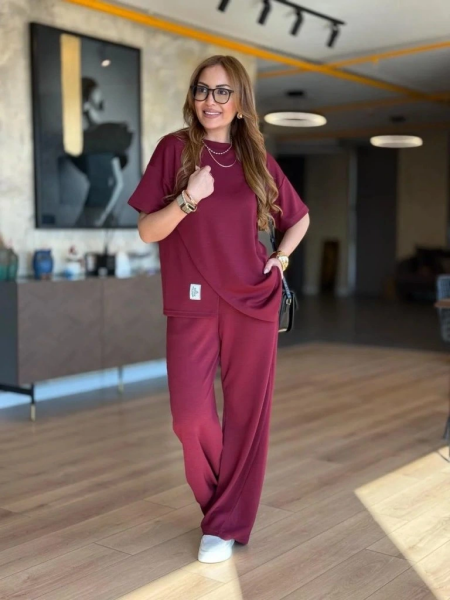 Kadın Kısa Kollu Bisiklet Yaka Asimetrik Viskon Iki Iplik Bluz Ve Pantolon Ikili Takım