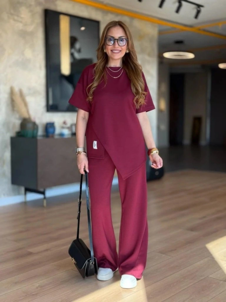 Kadın Kısa Kollu Bisiklet Yaka Asimetrik Viskon Iki Iplik Bluz Ve Pantolon Ikili Takım