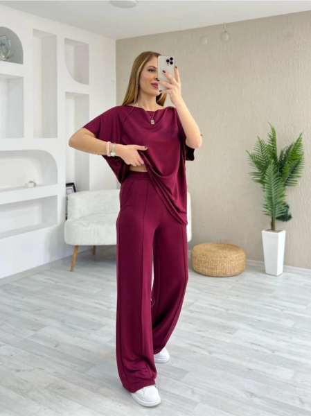 Kadın Kısa Kollu Kayık Yakalı Dikiş Izi Detaylı Viskon Iki Iplik Bluz Ve Pantolon Ikili Takım