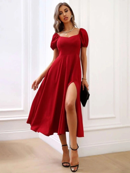 Kadın Kısa Kollu Kare Yakalı Yırtmaçlı Midi Janjan Krep Elbise