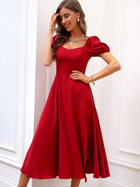 Kadın Kısa Kollu Kare Yakalı Yırtmaçlı Midi Janjan Krep Elbise