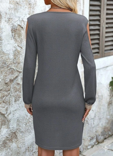 Kadın Uzun Kollu Omuzdan Açık V Dantel Yakalı Mini Waffle Elbise