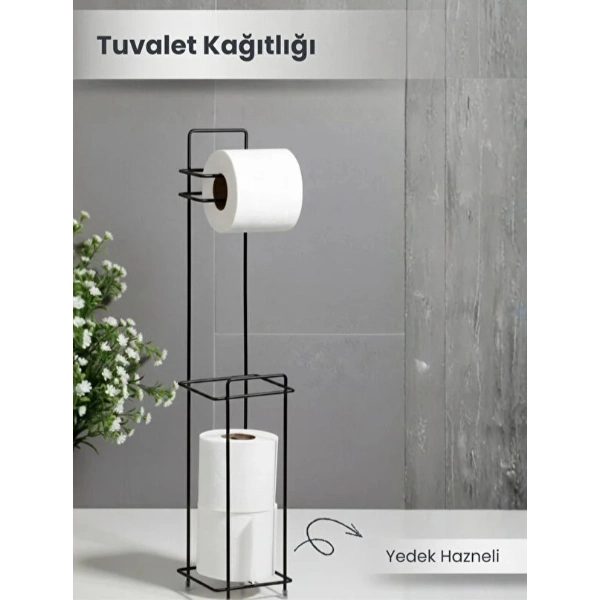 Siyah Standlı Yedek Hazneli Tuvalet Kağıtlığı