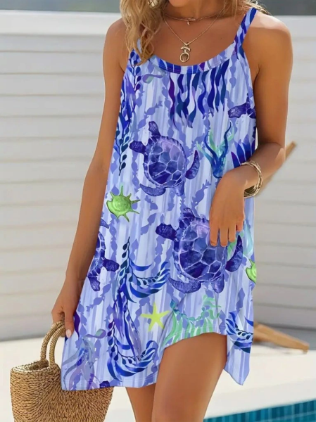 Kadın Askılı Yuvarlak Yaka Kaplumbağa Desenli Süprem Elbise