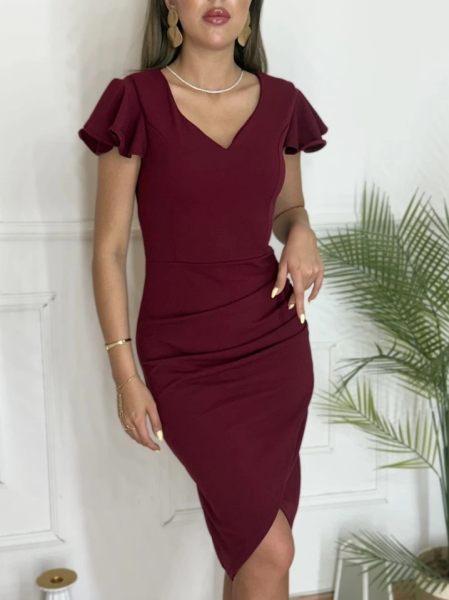 QKadın Kısa Kollu Kalp Yaka Yanlardan Büzgü Detay Midi Janjan Krep Elbise