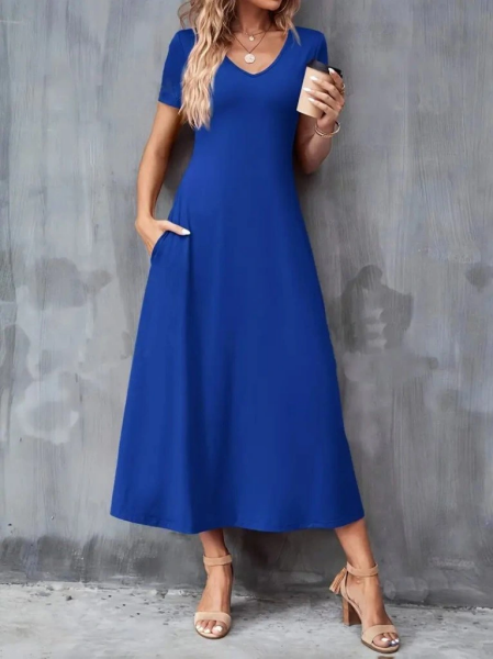 Kadın Kısa Kollu V Yakalı Cepli Viskon Elbise