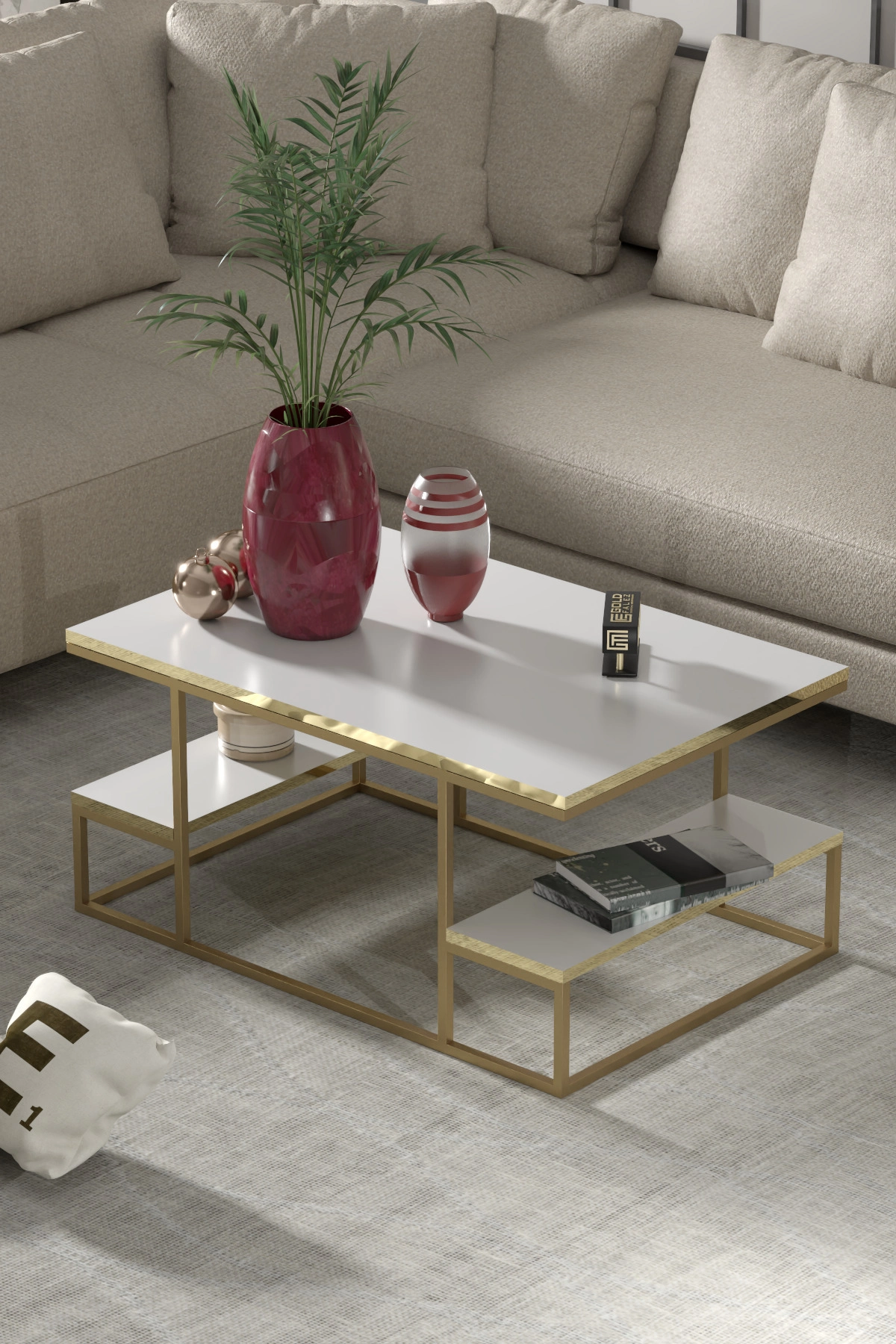 Orta Sehpa Delux Raflı Gold Beyaz