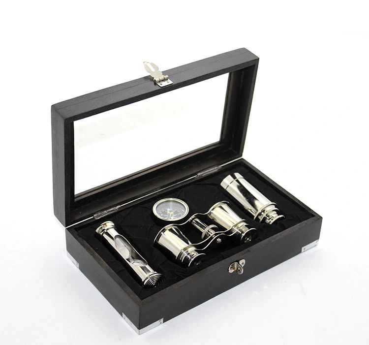 Ahşap Kutulu Pirinç Dürbün Pusula Ve Kum Saati Seti