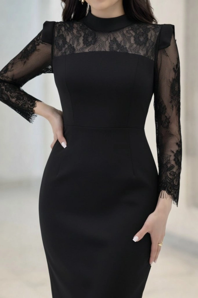 Kadın Uzun Kollu Balıkçı Yaka Dantel Detaylı Midi Ithal Krep Elbise