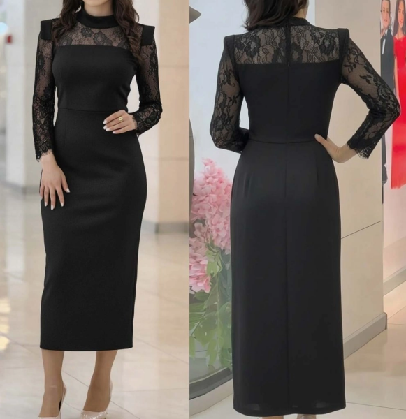 Kadın Uzun Kollu Balıkçı Yaka Dantel Detaylı Midi Ithal Krep Elbise