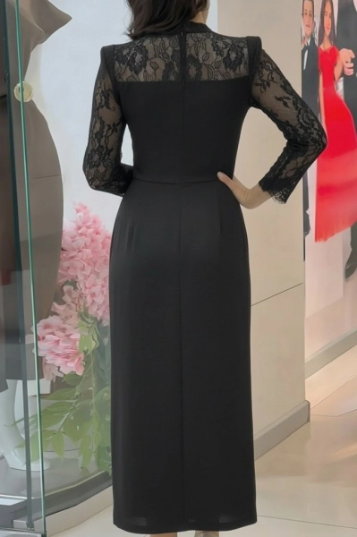 Kadın Uzun Kollu Balıkçı Yaka Dantel Detaylı Midi Ithal Krep Elbise