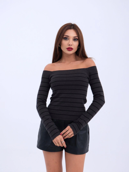 4206 TRİKO ÇİZGİLİ KAYIK YAKA CROP-ANTRASİT-SİYAH